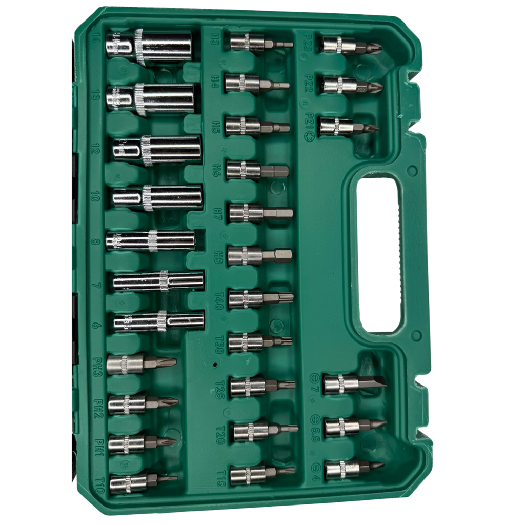 Juego de Rache 1/4” de 53 Piezas con Copas Métricas y Puntas Torx – Kit Profesional en Estuche Rígido